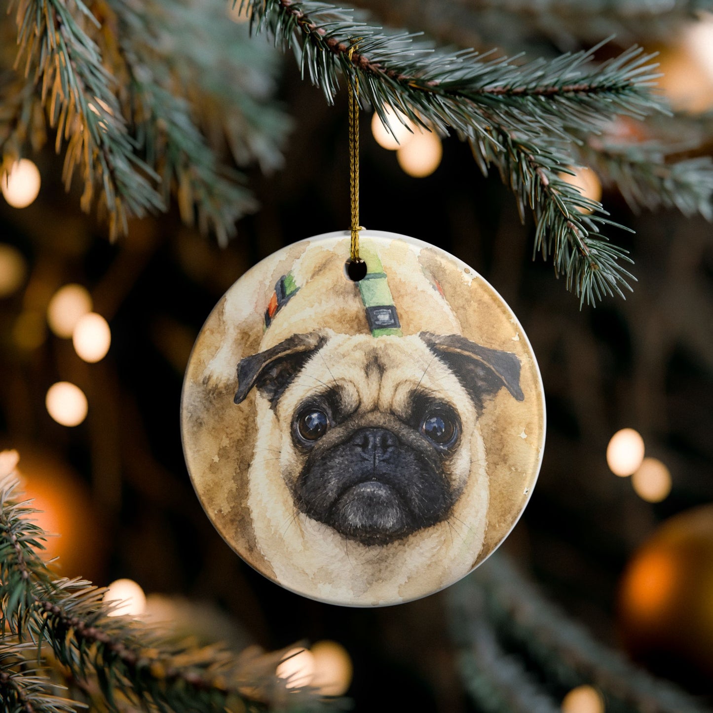 Pug Portrait Ornament | Memorial Ceramic Pet Ornament, Personalized Name & Date