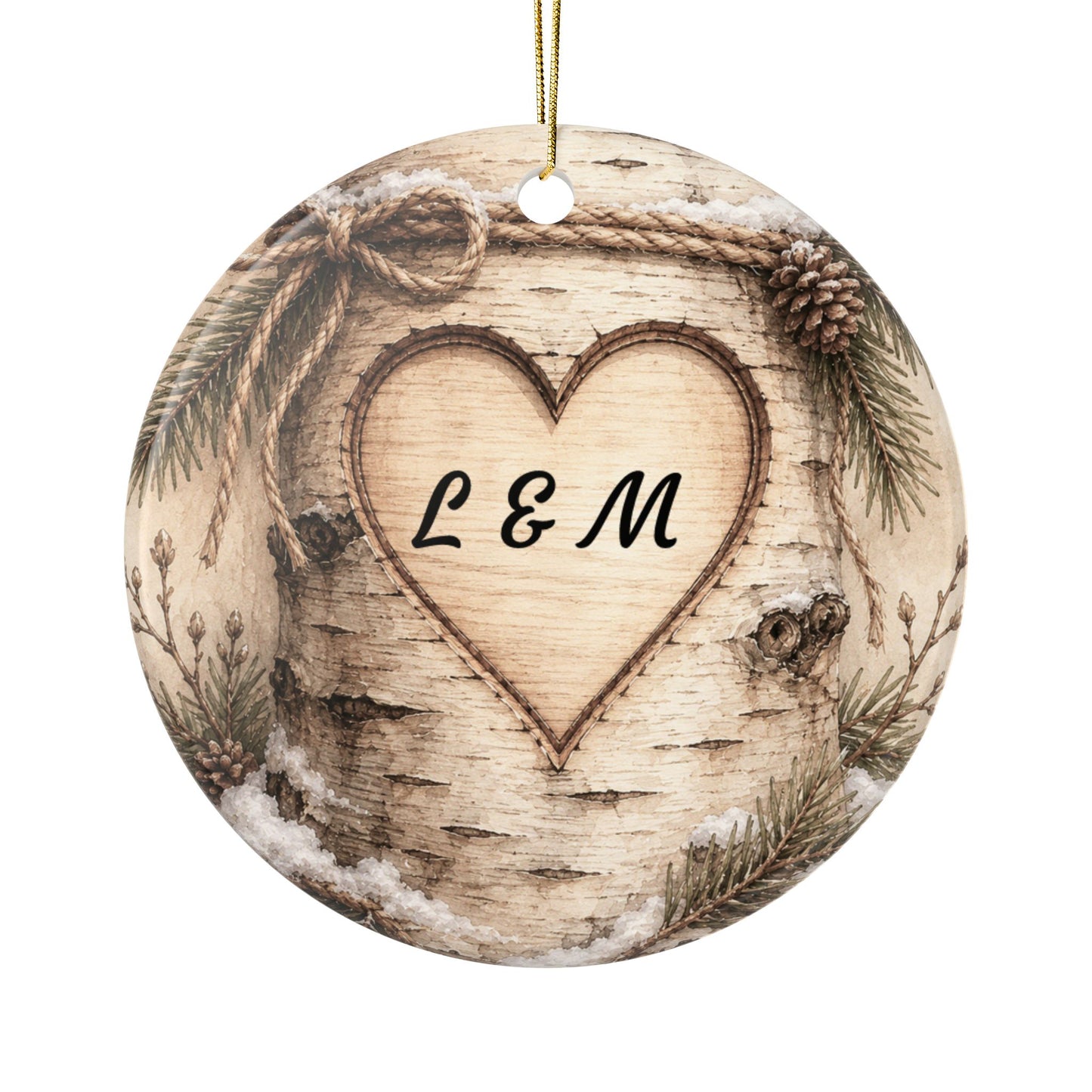 Rustic Carved Heart Initials Ornament | Ceramic Ornament