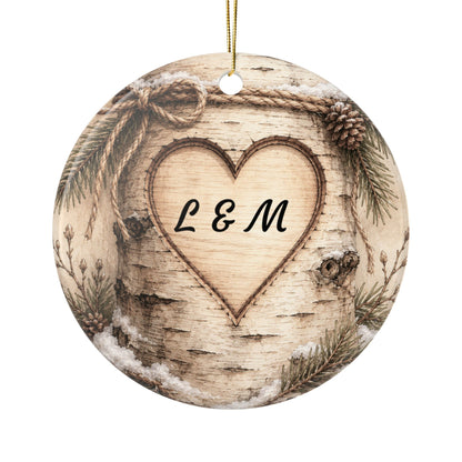 Rustic Carved Heart Initials Ornament | Ceramic Ornament