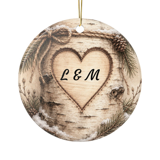 Rustic Carved Heart Initials Ornament | Ceramic Ornament