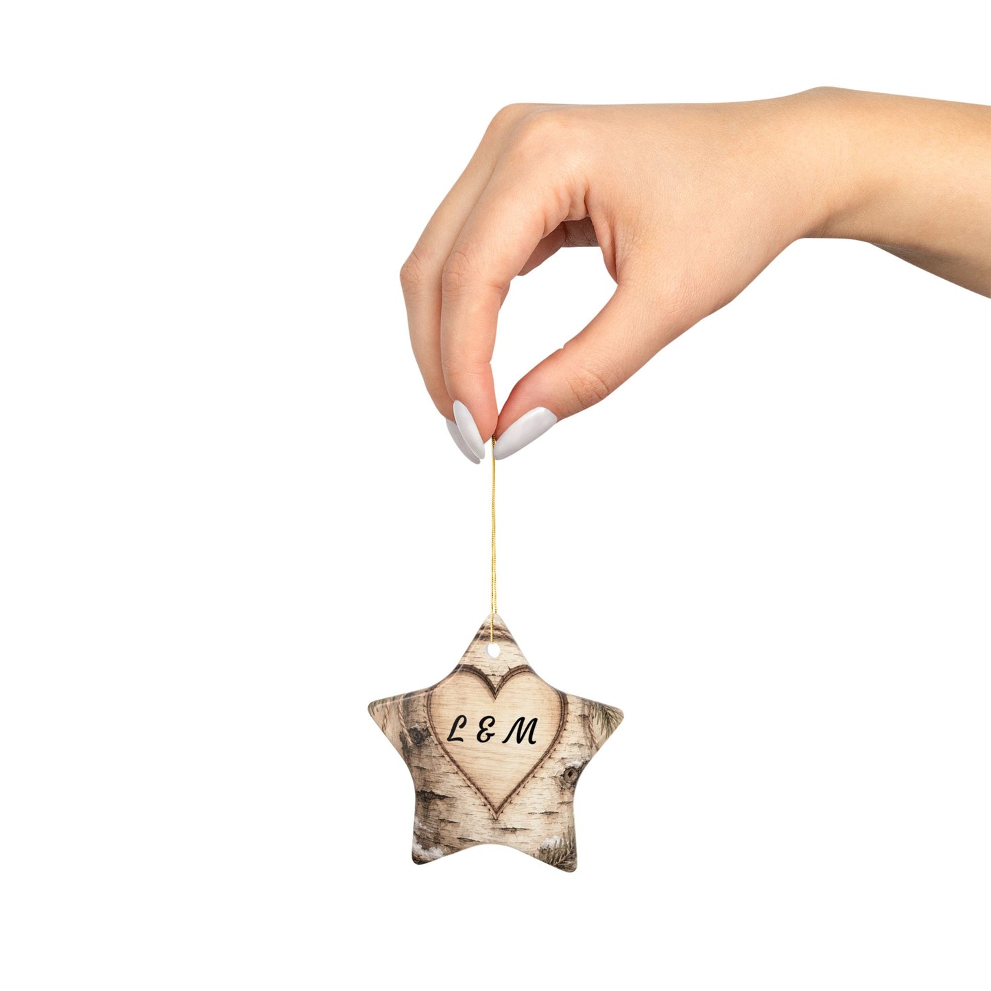 Rustic Carved Heart Initials Ornament | Ceramic Ornament