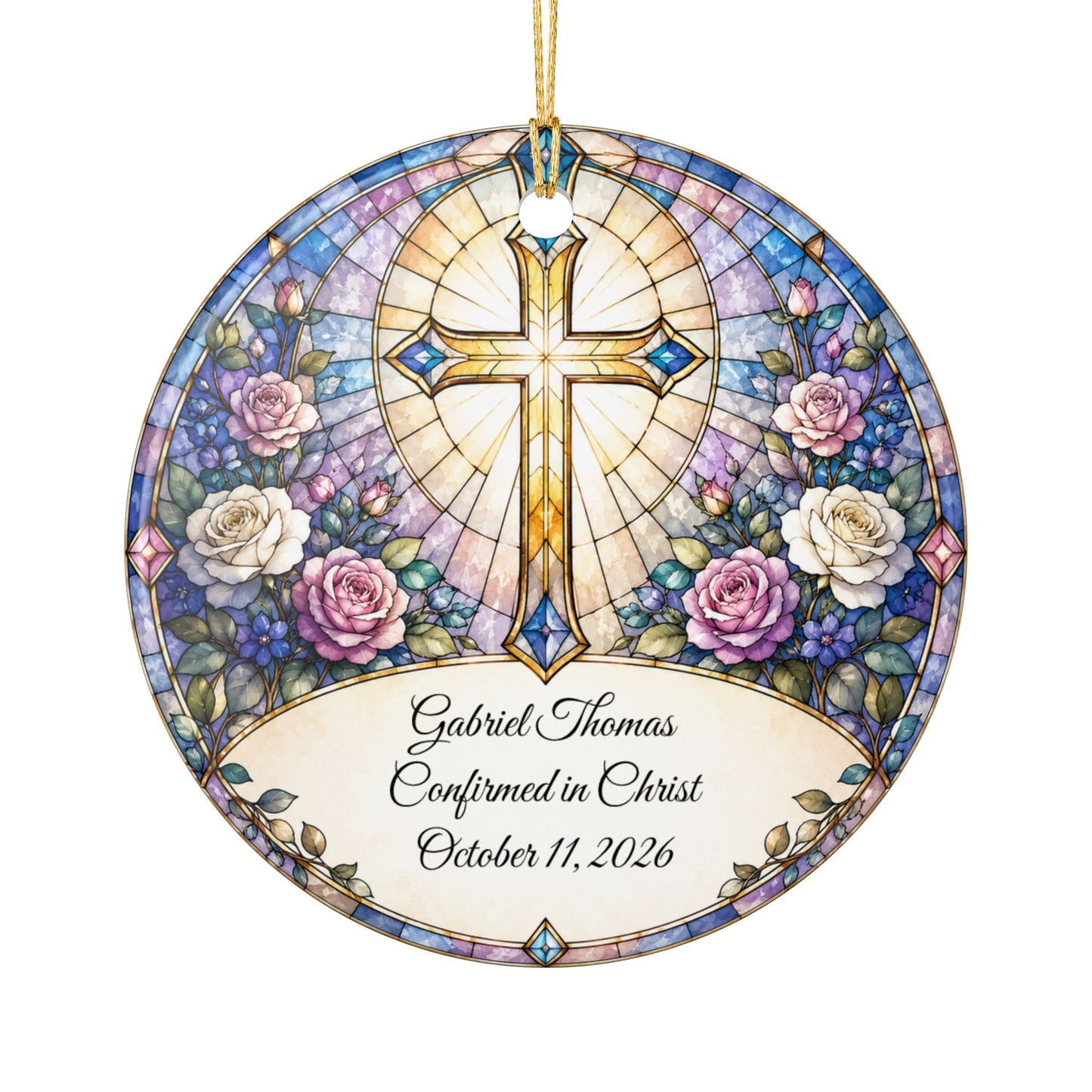 Stained Glass Baptism Ornament Personalized, Church Window Christening Keepsake with Name, Ceramic Religious Gift, Confirmation Ornament