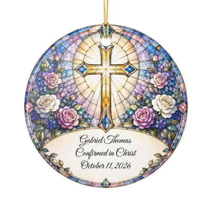 Stained Glass Baptism Ornament Personalized, Church Window Christening Keepsake with Name, Ceramic Religious Gift, Confirmation Ornament