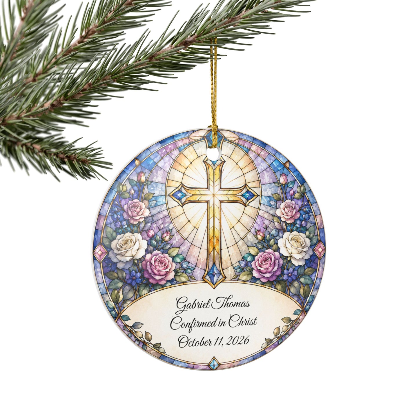 Stained Glass Baptism Ornament Personalized, Church Window Christening Keepsake with Name, Ceramic Religious Gift, Confirmation Ornament