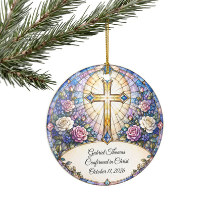 Stained Glass Baptism Ornament Personalized, Church Window Christening Keepsake with Name, Ceramic Religious Gift, Confirmation Ornament