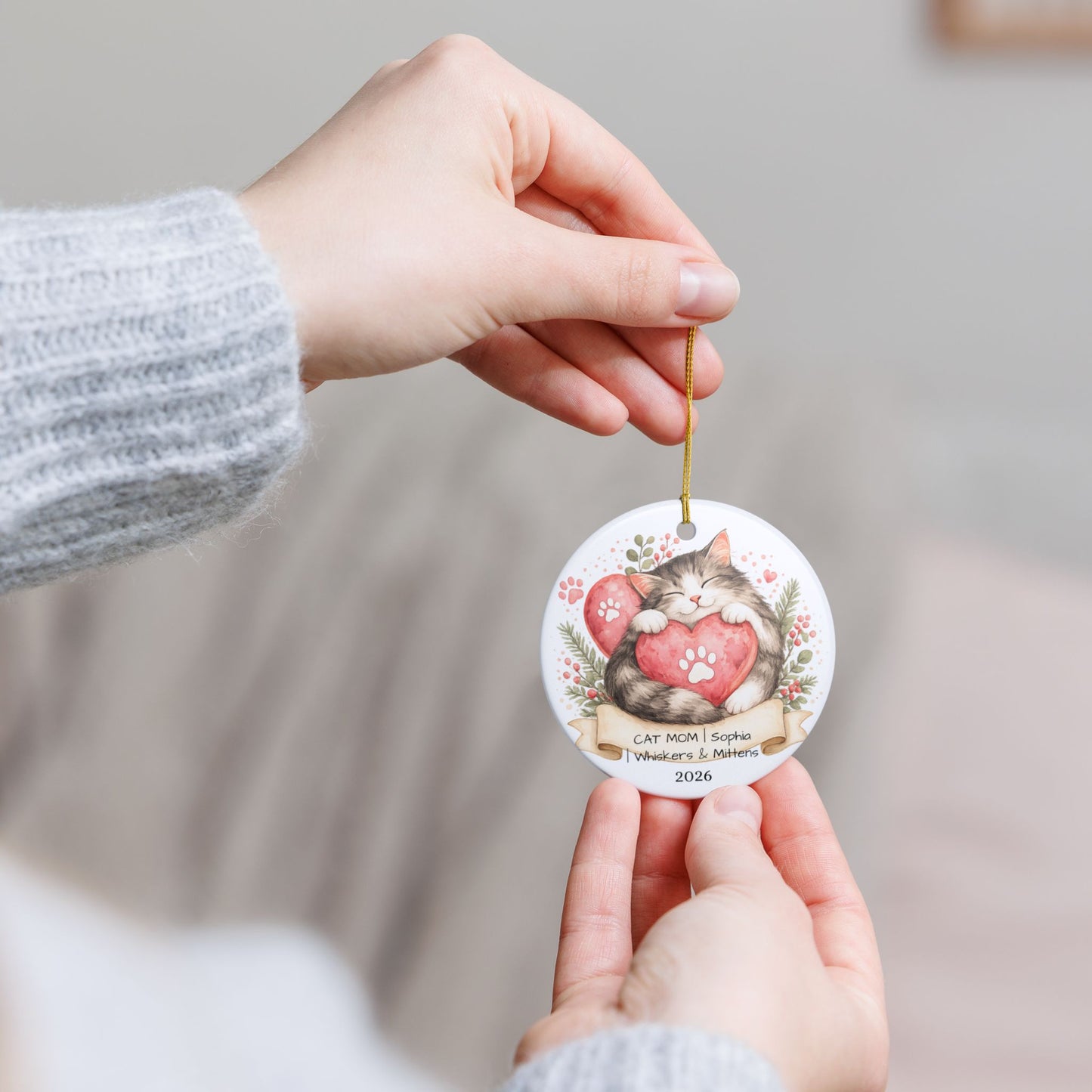 Cat Mom Christmas Ornament Personalized with Name, Ceramic Keepsake, Cat Mom Gift, Gift for Cat Lover Her 2026