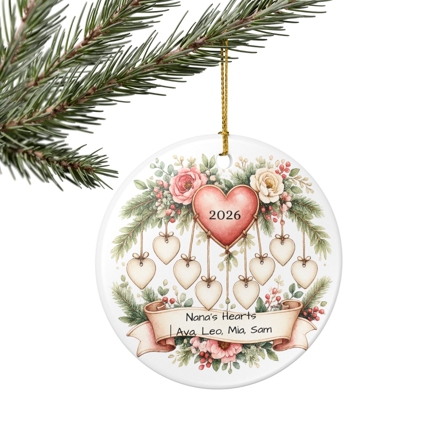 Nana Hearts Christmas Ornament Personalized with Grandkids Names, Ceramic Keepsake, Gift for Nana Grandma 2026