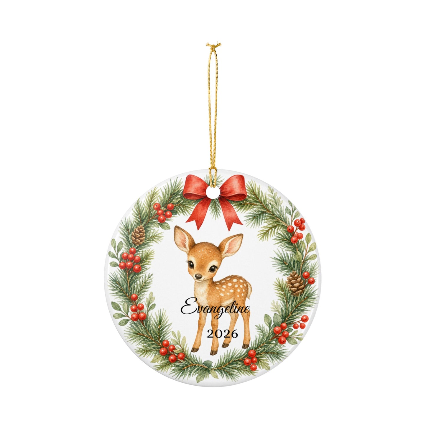 Baby First Christmas Ornament Personalized with Name, Woodland Deer Fawn Wreath Keepsake 2026, New Baby Woodland Gift