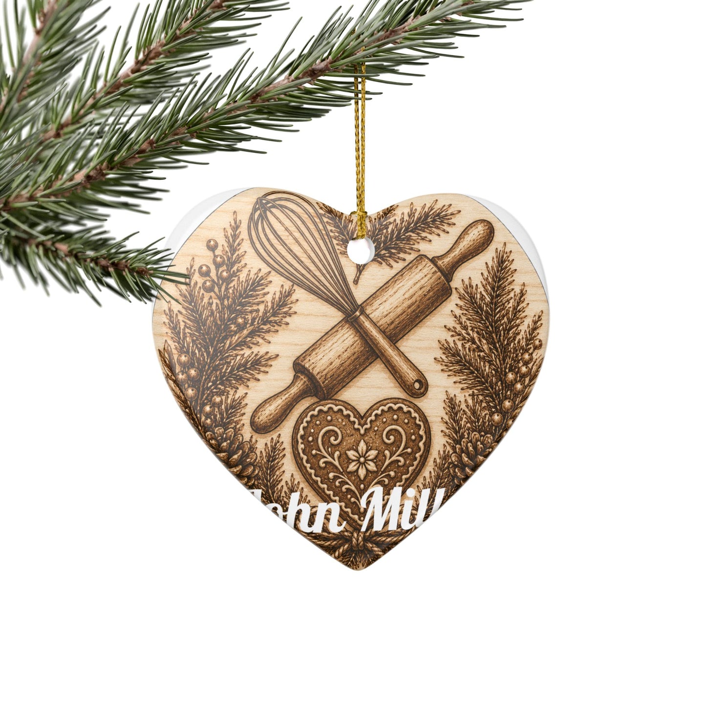 Baking Rolling Pin & Whisk Heart Ceramic Ornament | Kitchen Christmas Decoration