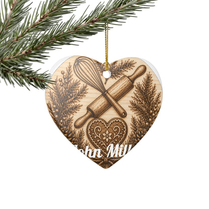 Baking Rolling Pin & Whisk Heart Ceramic Ornament | Kitchen Christmas Decoration
