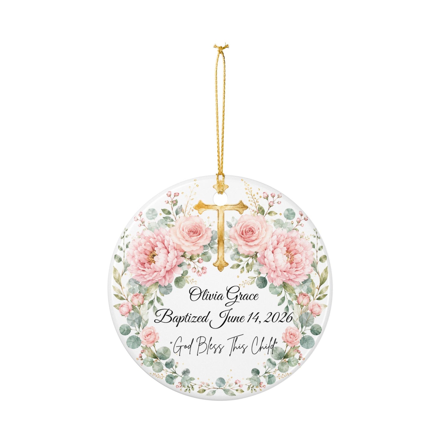 Personalized Baptism Ornament for Girl, Pink Floral Cross Christening Keepsake with Name & Date, Ceramic Godchild Gift, Baby Dedication