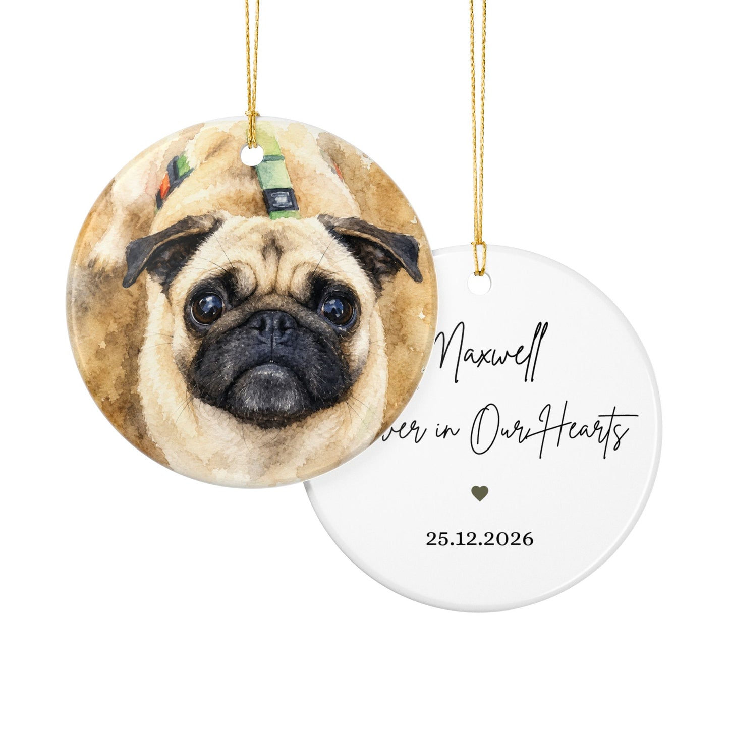 Pug Portrait Ornament | Memorial Ceramic Pet Ornament, Personalized Name & Date