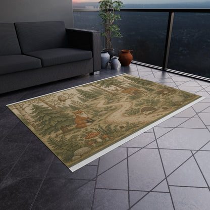 Woodland Animals Outdoor Rug | Fox, Deer, Owl Trail Scene