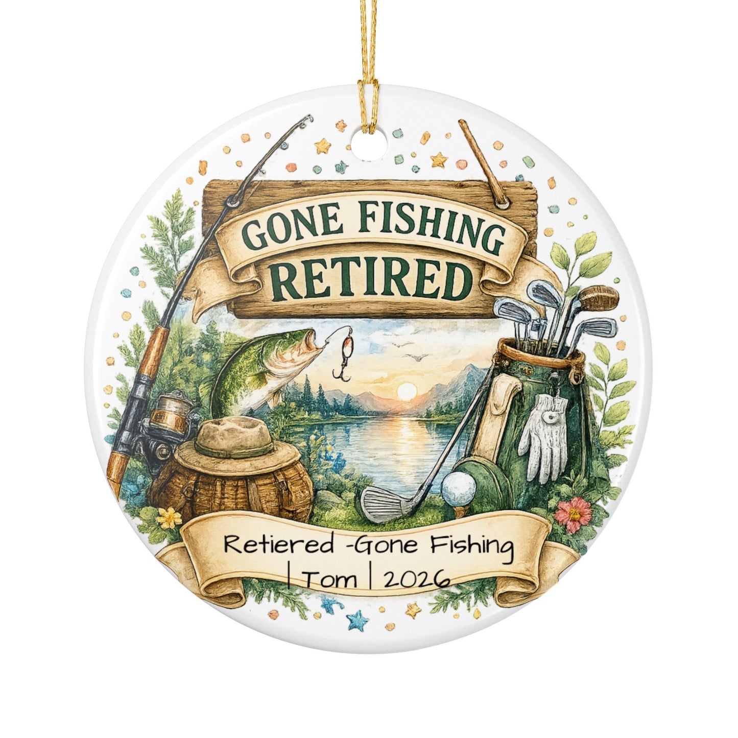 Retirement Ornament 2026 Personalized with Name, Fishing Golf Ceramic Keepsake, Retired Gift for Him, Dad Grandpa