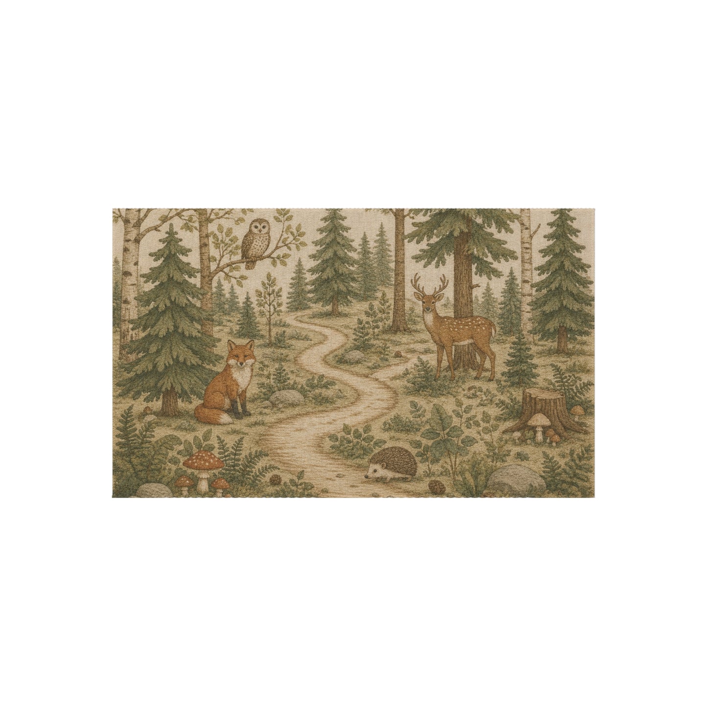 Woodland Animals Outdoor Rug | Fox, Deer, Owl Trail Scene