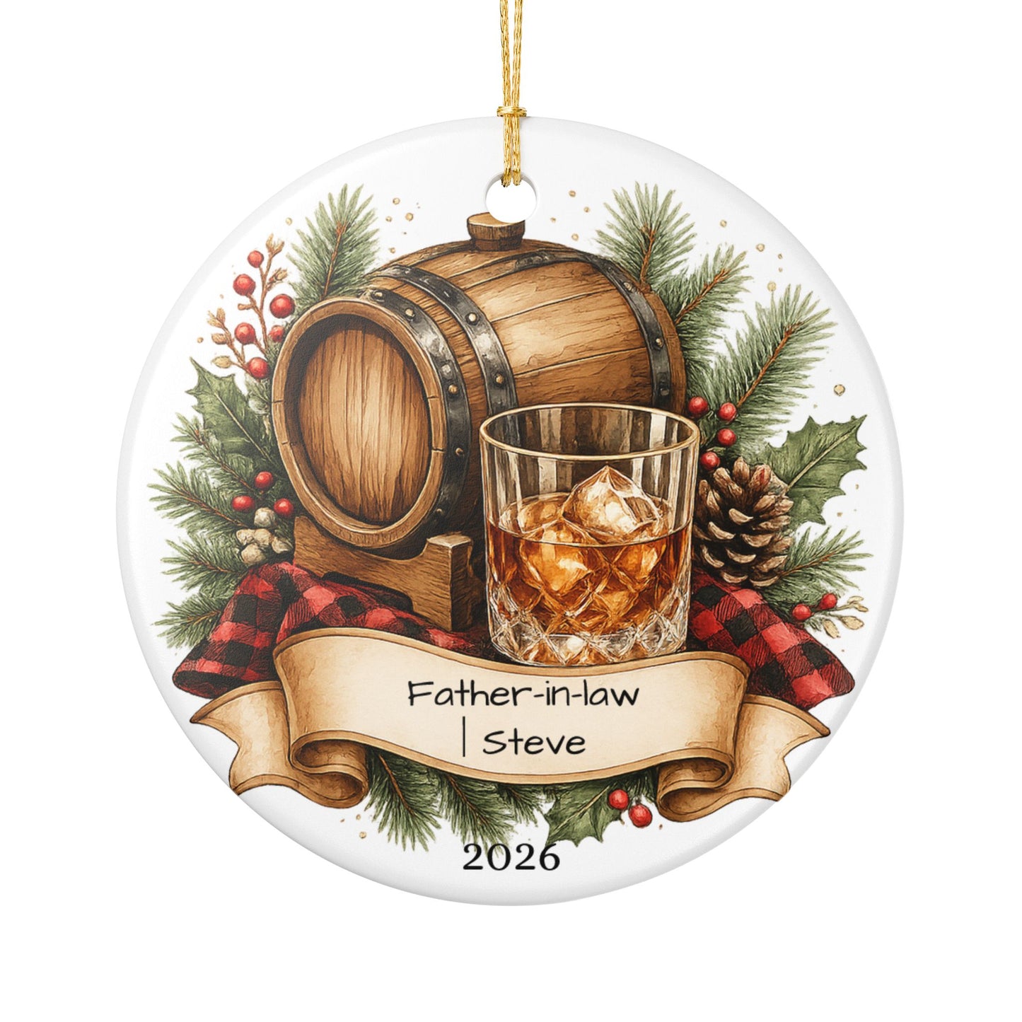 Whiskey Father in Law Ornament Personalized, Rustic Ceramic Keepsake with Name, Bourbon Lover FIL Gift 2026