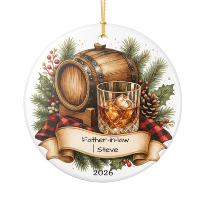 Whiskey Father in Law Ornament Personalized, Rustic Ceramic Keepsake with Name, Bourbon Lover FIL Gift 2026
