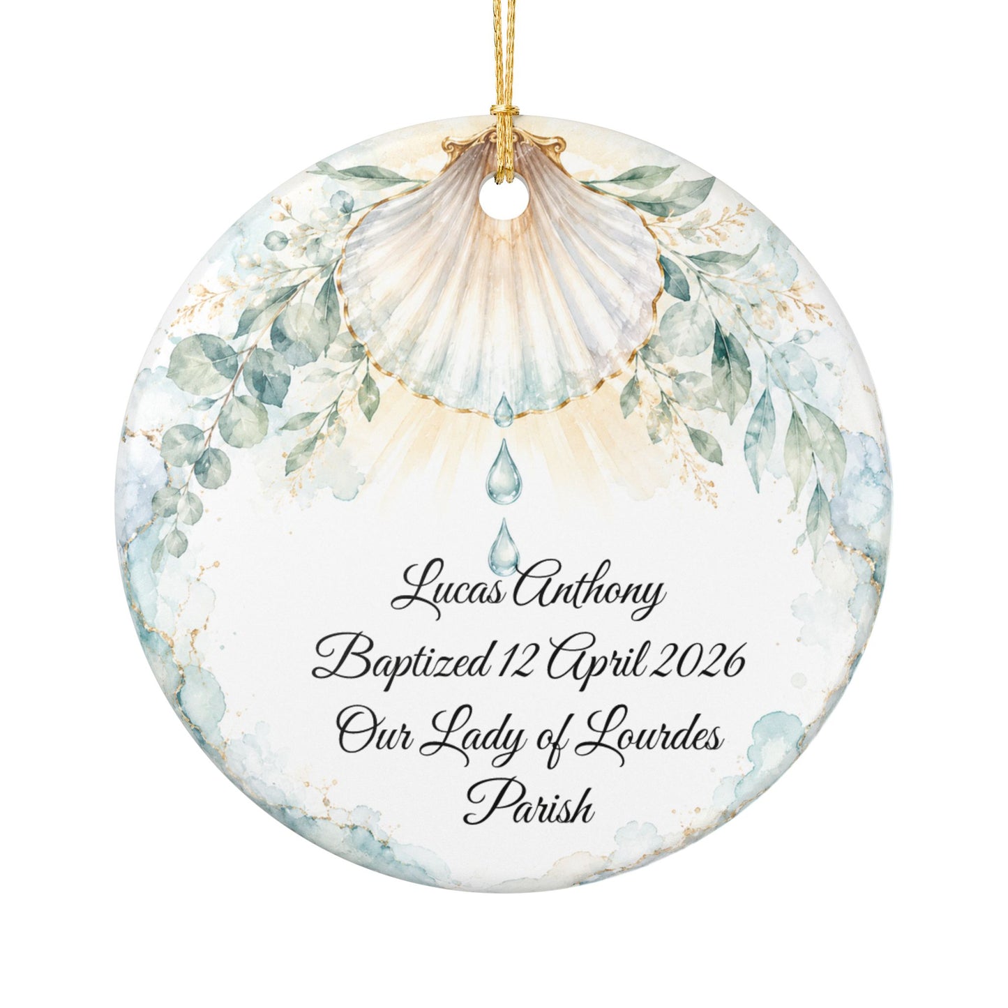 Baptism Shell Ornament Personalized, Traditional Christening Symbol Keepsake with Name & Date, Ceramic Catholic Baptism Gift for Baby