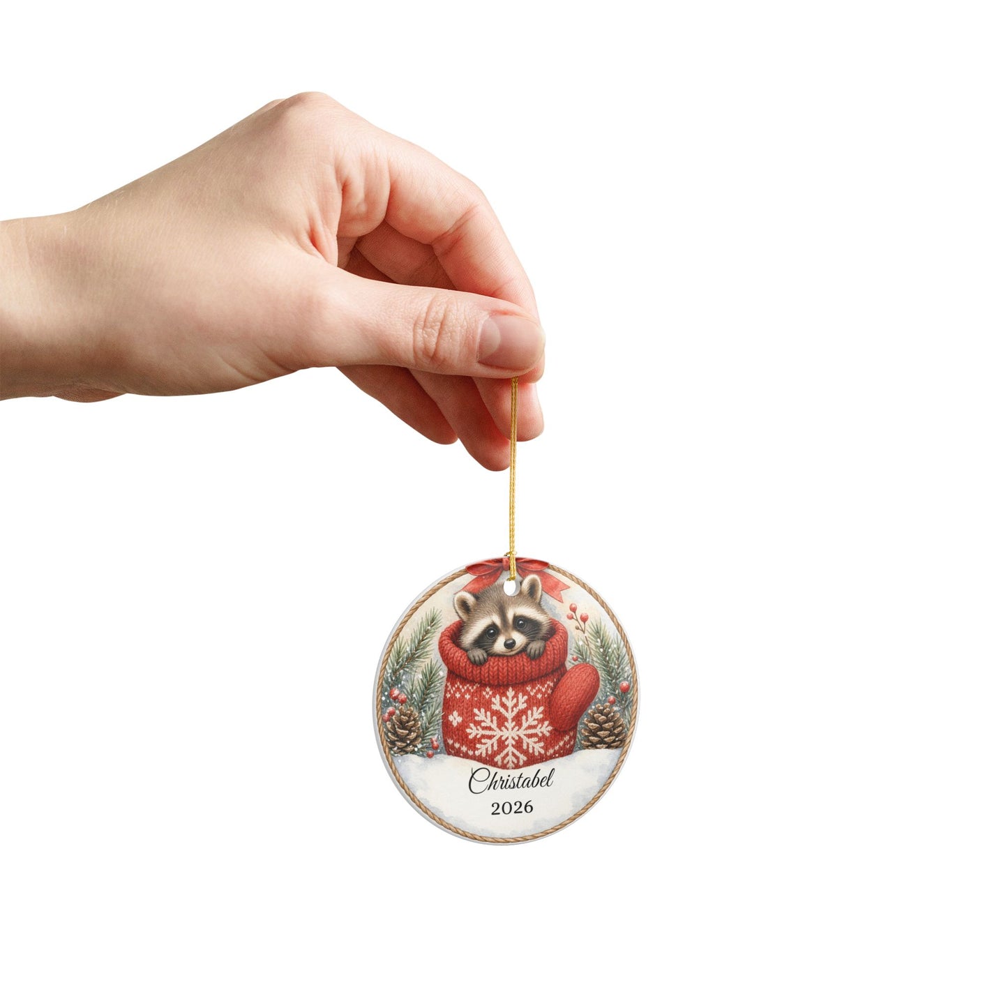 Baby First Christmas Ornament Personalized, Raccoon in Mitten Keepsake with Name 2026, Woodland New Baby Gift
