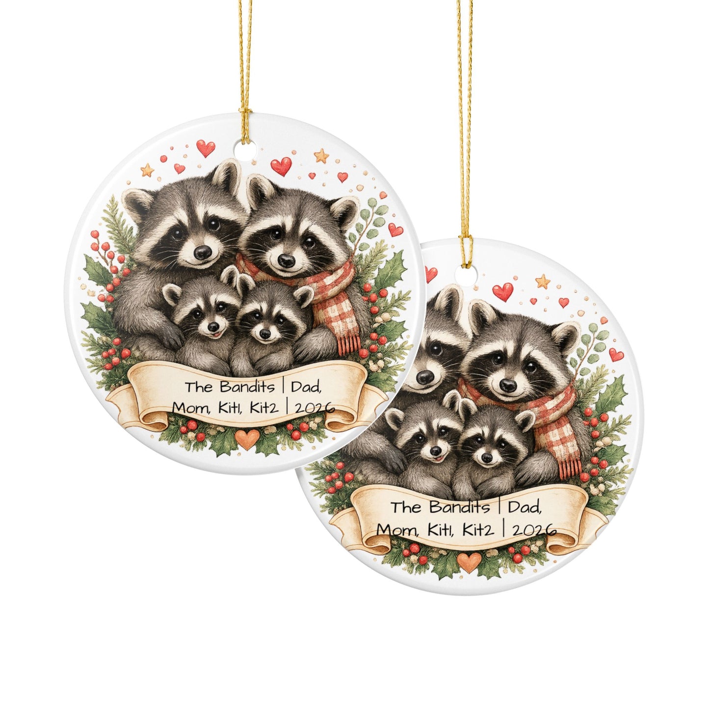 Raccoon Family Christmas Ornament Personalized with Names, Cute Ceramic Keepsake, Woodland Family Gift 2026