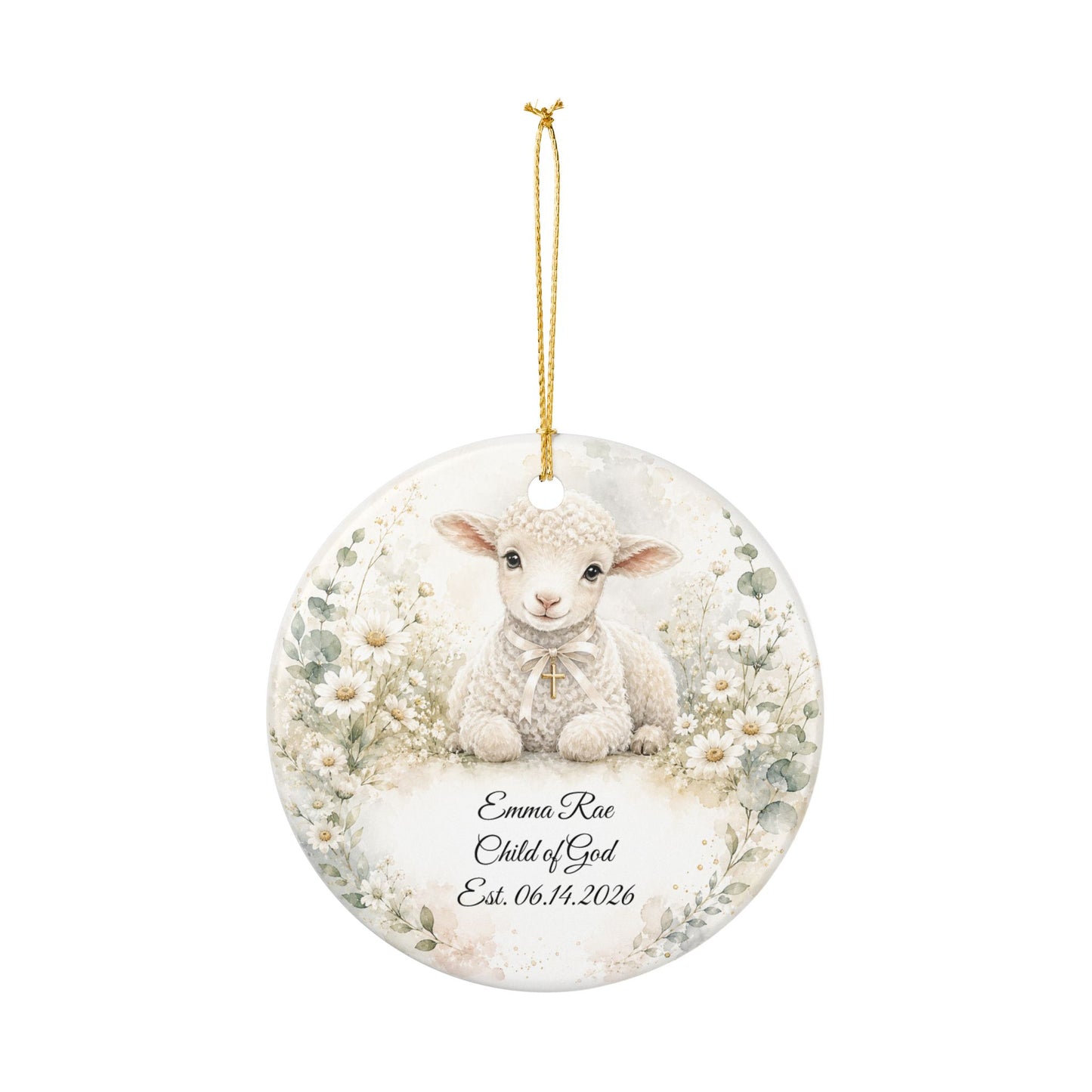 Lamb Baptism Ornament Personalized with Name, Watercolor Christening Keepsake, Ceramic Baby Dedication Gift, First Christmas Religious Gift