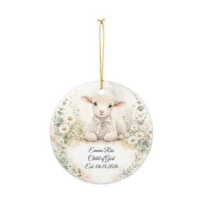Lamb Baptism Ornament Personalized with Name, Watercolor Christening Keepsake, Ceramic Baby Dedication Gift, First Christmas Religious Gift