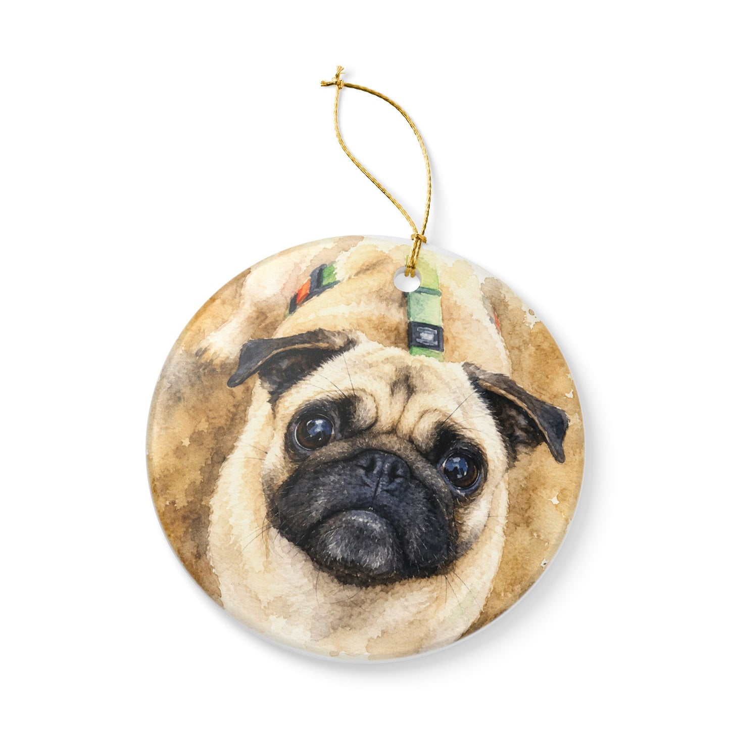 Pug Portrait Ornament | Memorial Ceramic Pet Ornament, Personalized Name & Date
