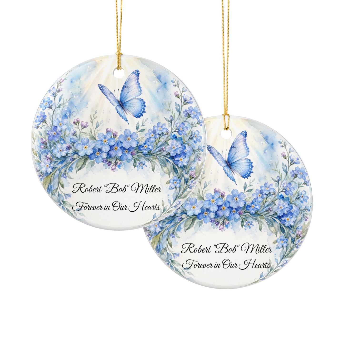 Memorial Ornament Personalized with Name, Butterfly Forget Me Not Remembrance Keepsake, In Loving Memory Sympathy Gift