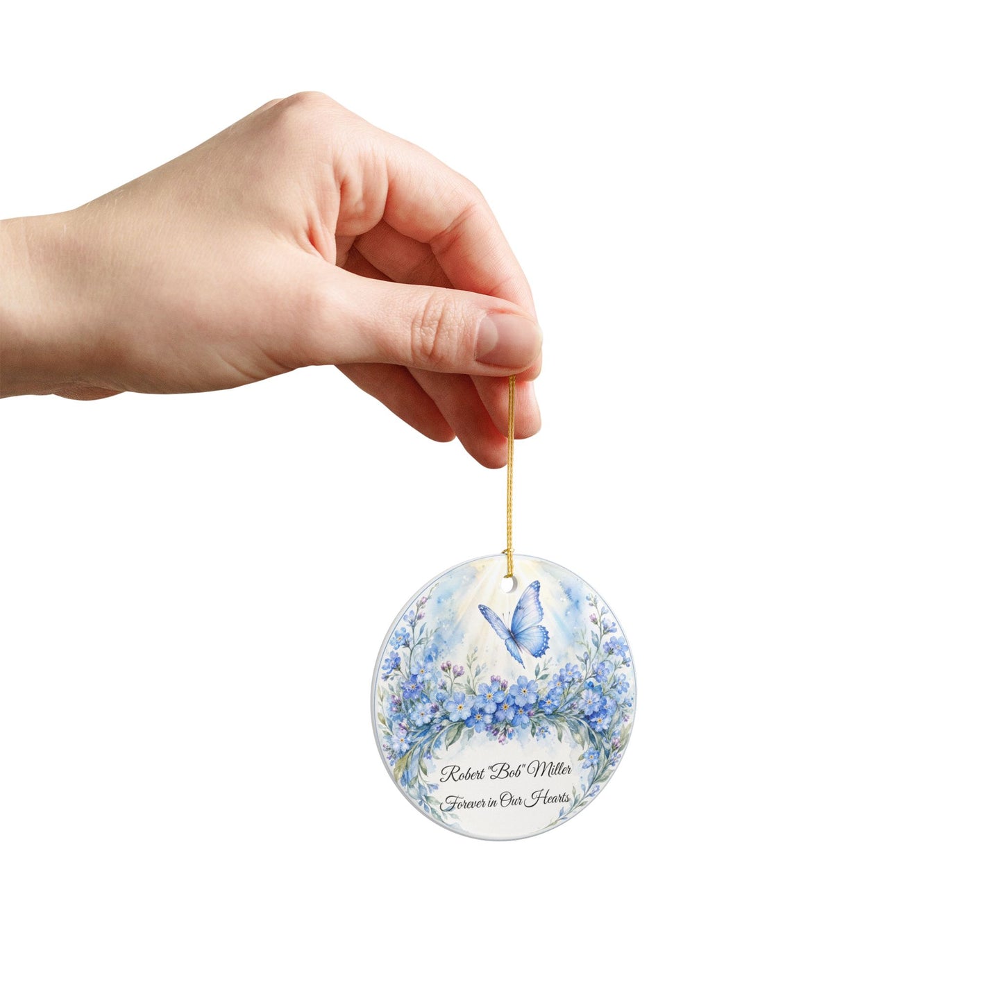 Memorial Ornament Personalized with Name, Butterfly Forget Me Not Remembrance Keepsake, In Loving Memory Sympathy Gift