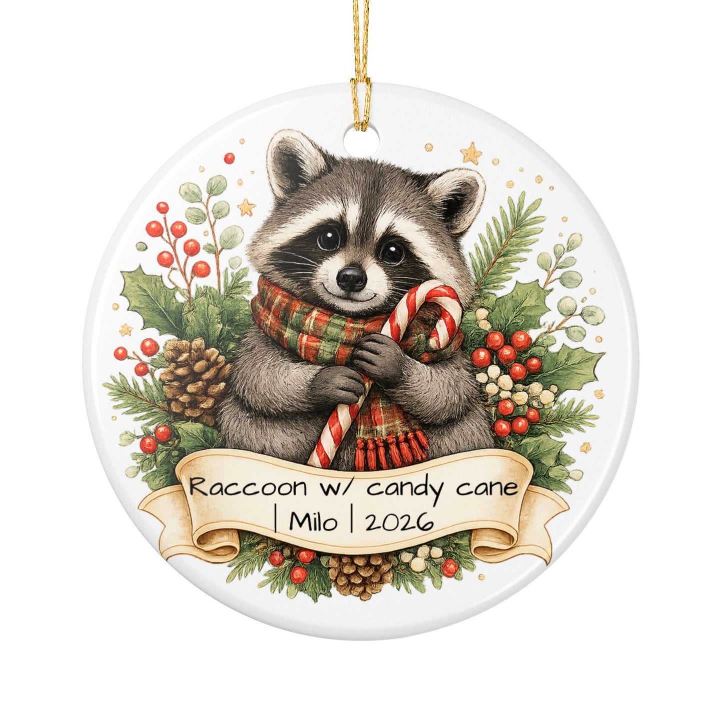 Raccoon with Candy Cane Christmas Ornament Personalized, Cute Ceramic Keepsake with Name, Raccoon Lover Gift 2026