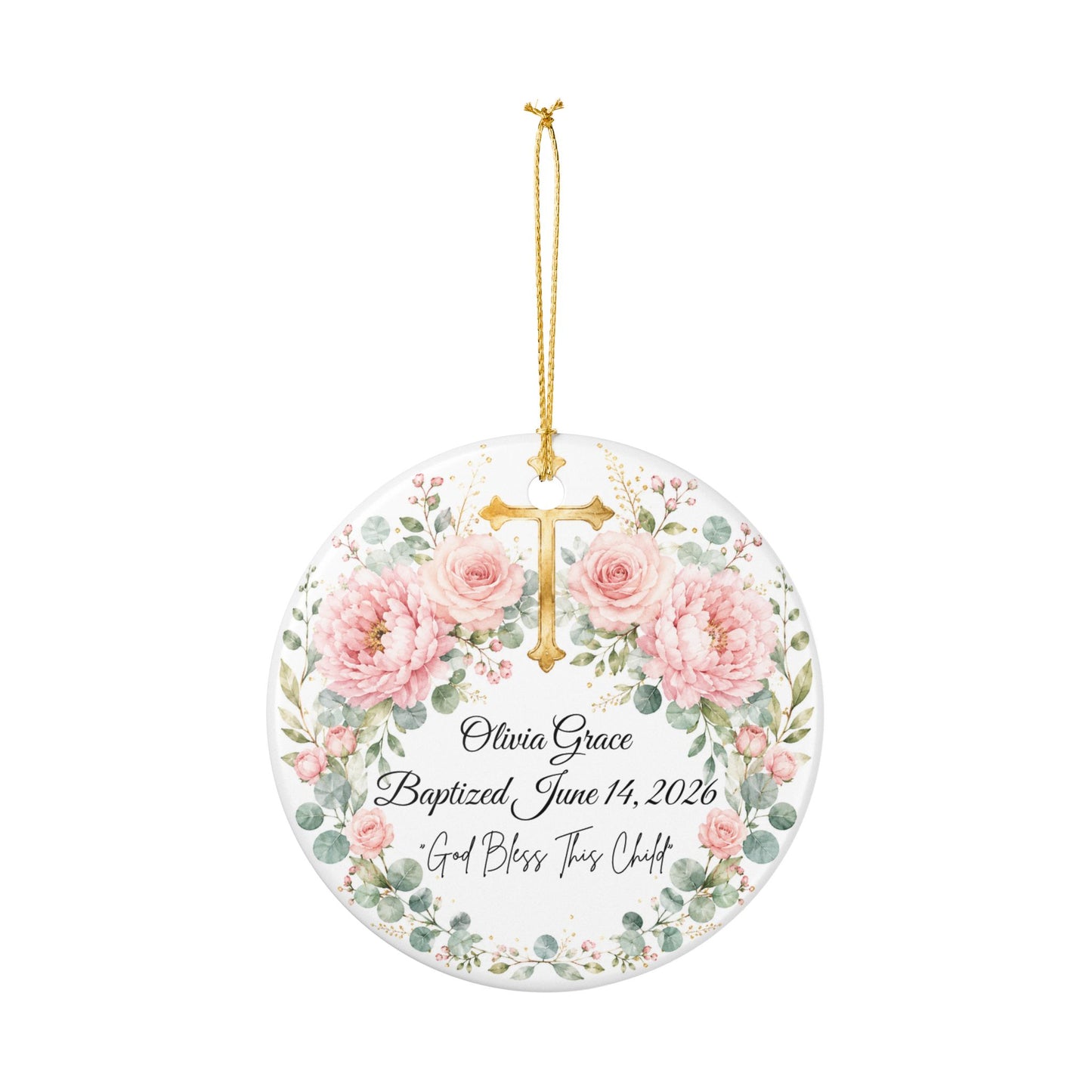 Personalized Baptism Ornament for Girl, Pink Floral Cross Christening Keepsake with Name & Date, Ceramic Godchild Gift, Baby Dedication