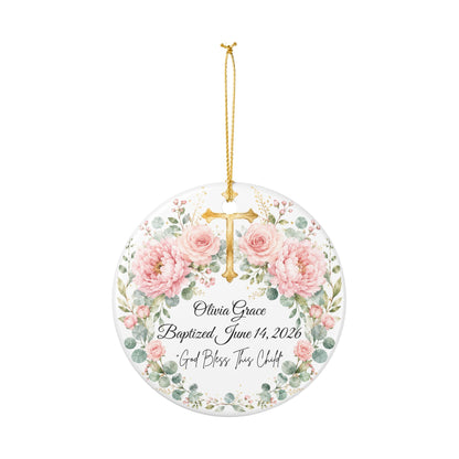 Personalized Baptism Ornament for Girl, Pink Floral Cross Christening Keepsake with Name & Date, Ceramic Godchild Gift, Baby Dedication