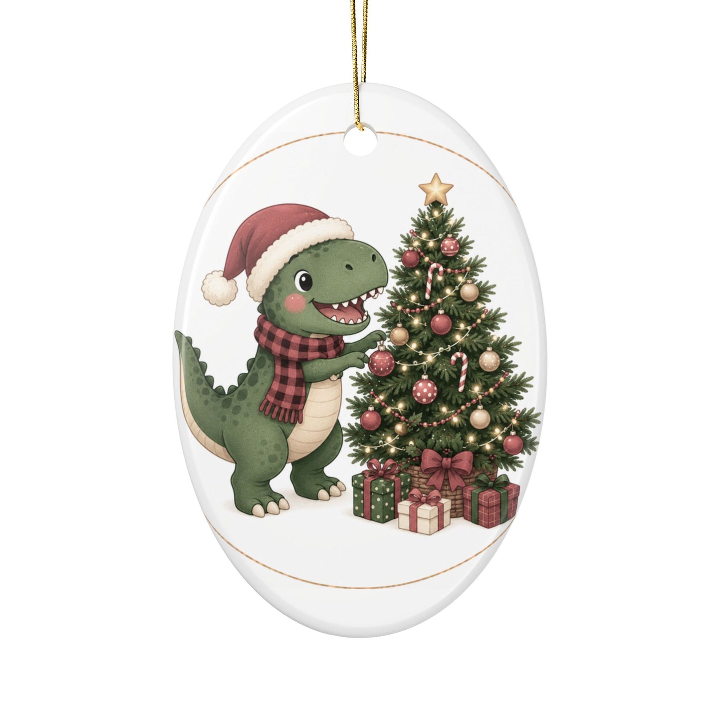 Cute Dino with Santa Hat Christmas Tree Ornament | Ceramic Ornament