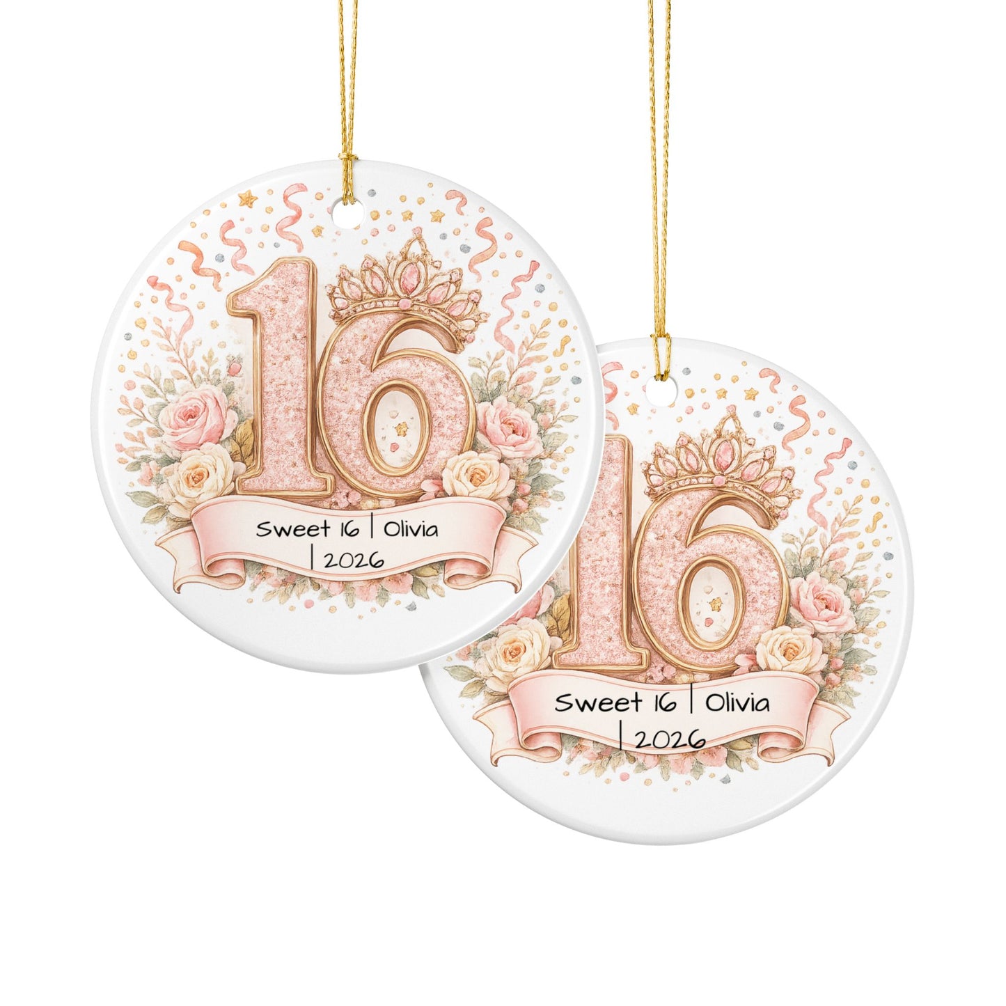 Sweet 16 Christmas Ornament Personalized with Name Year, Ceramic Birthday Keepsake, 16th Birthday Gift for Teen Girl