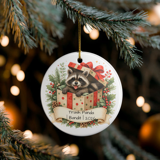 Trash Panda Christmas Ornament Personalized with Name, Funny Cute Ceramic Keepsake, Raccoon Lover Gift 2026