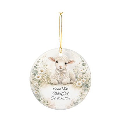 Lamb Baptism Ornament Personalized with Name, Watercolor Christening Keepsake, Ceramic Baby Dedication Gift, First Christmas Religious Gift