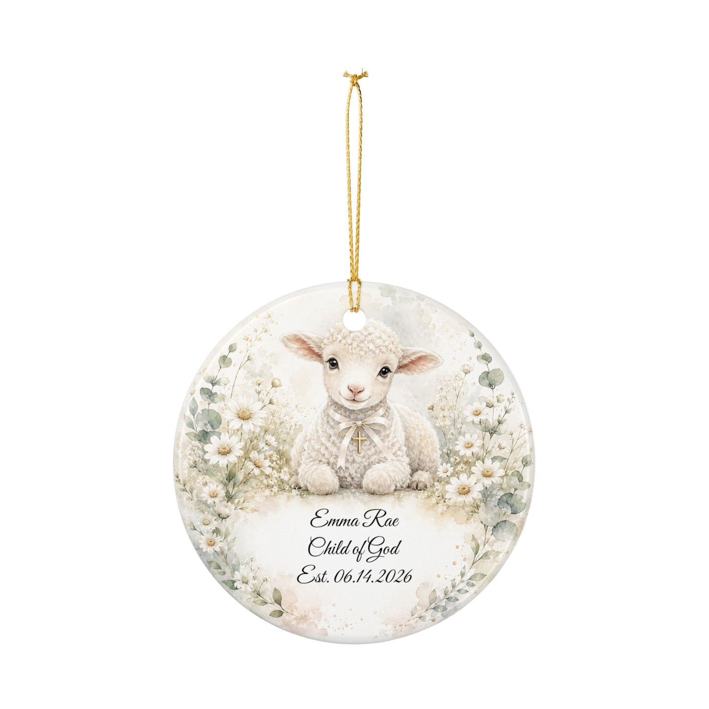 Lamb Baptism Ornament Personalized with Name, Watercolor Christening Keepsake, Ceramic Baby Dedication Gift, First Christmas Religious Gift