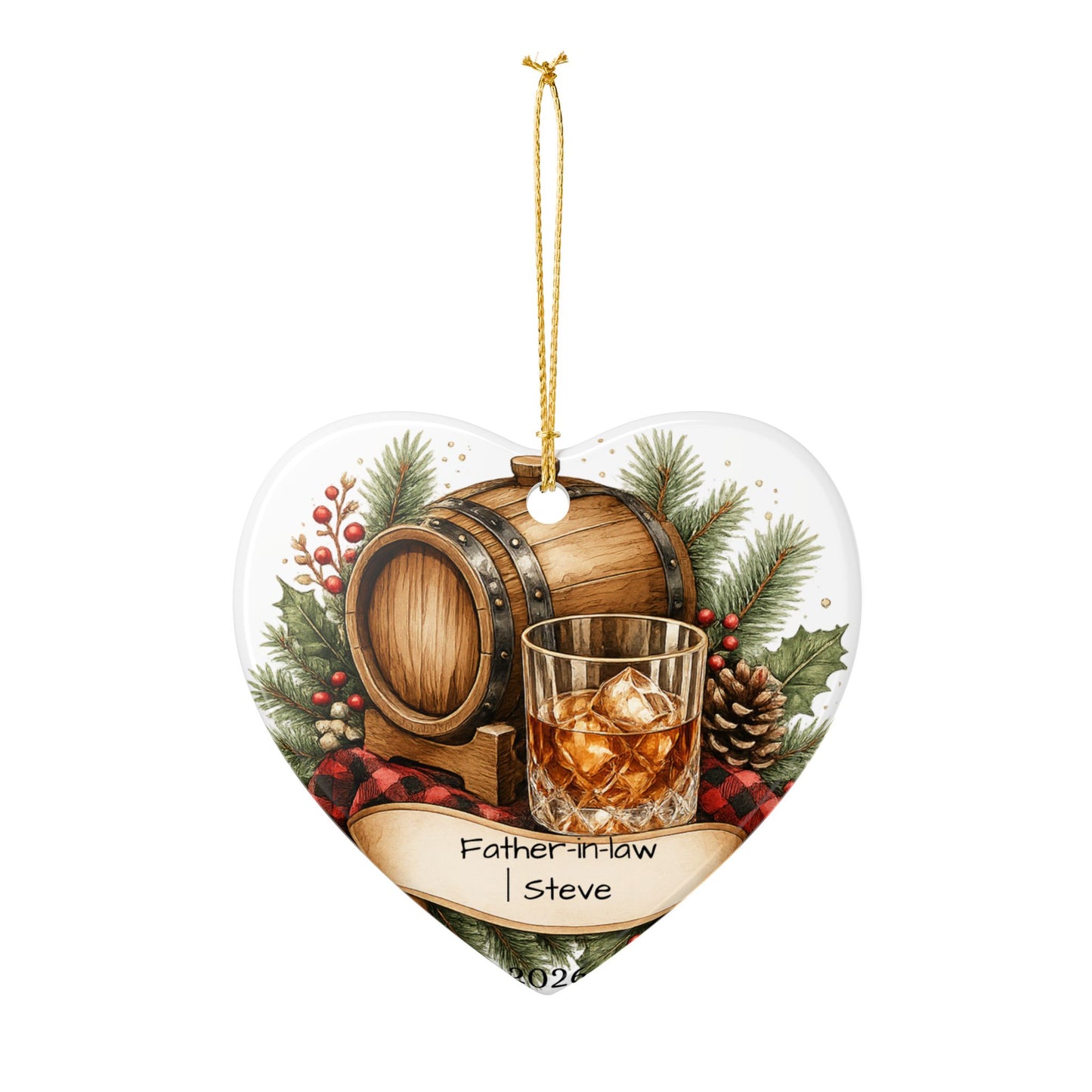 Whiskey Father in Law Ornament Personalized, Rustic Ceramic Keepsake with Name, Bourbon Lover FIL Gift 2026