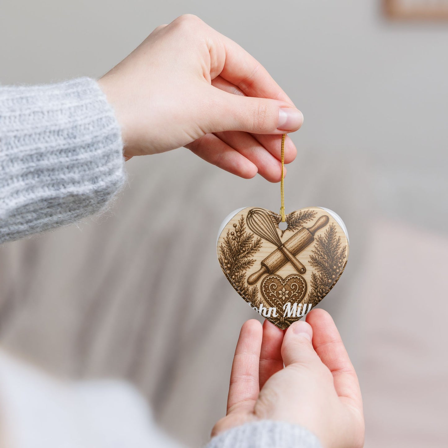 Baking Rolling Pin & Whisk Heart Ceramic Ornament | Kitchen Christmas Decoration