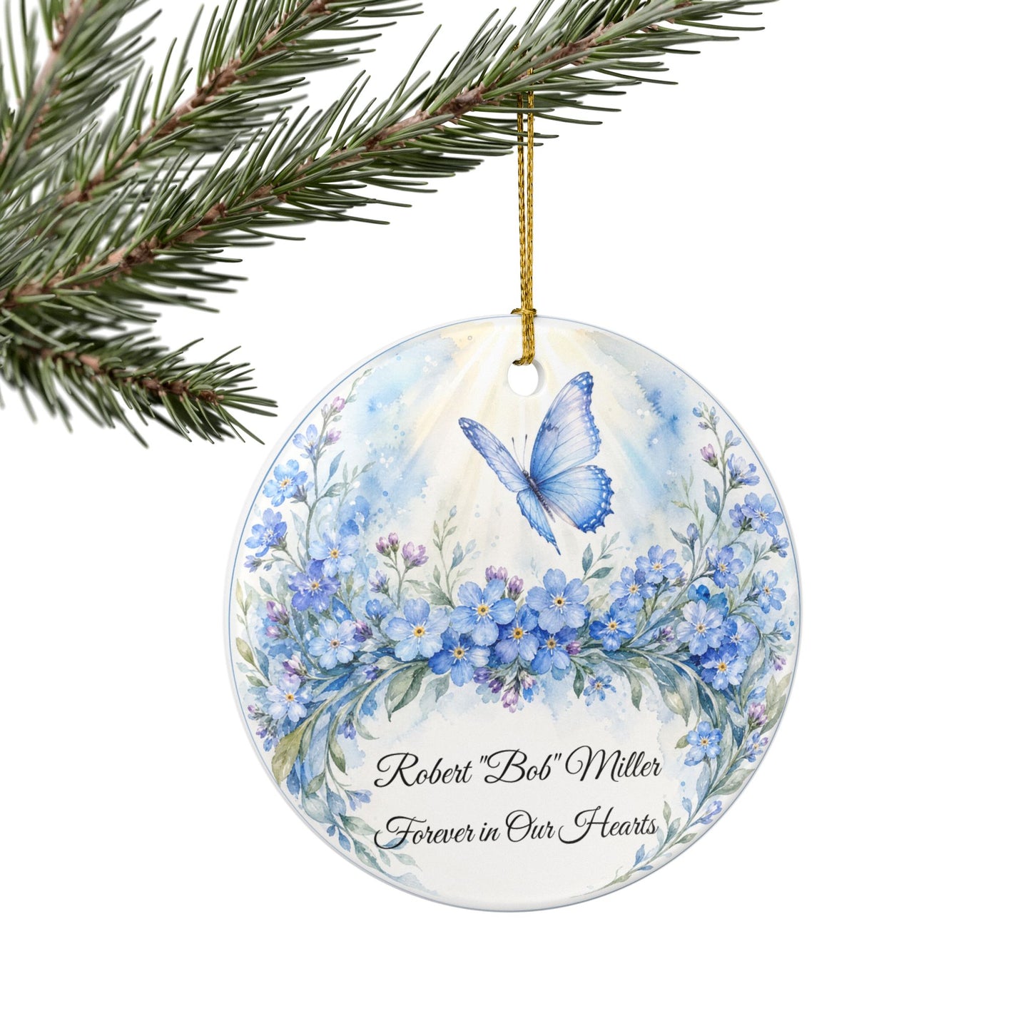 Memorial Ornament Personalized with Name, Butterfly Forget Me Not Remembrance Keepsake, In Loving Memory Sympathy Gift