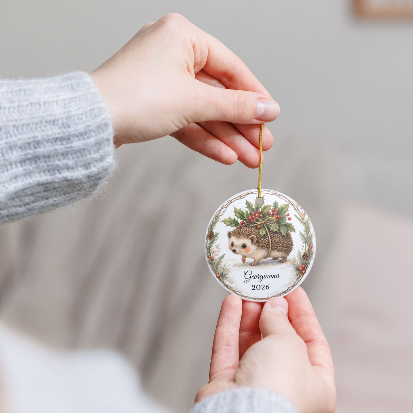 Baby First Christmas Ornament Personalized with Name, Hedgehog Holly Keepsake 2026, Woodland New Baby Shower Gift