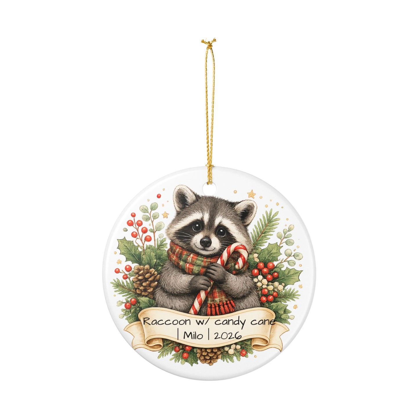 Raccoon with Candy Cane Christmas Ornament Personalized, Cute Ceramic Keepsake with Name, Raccoon Lover Gift 2026
