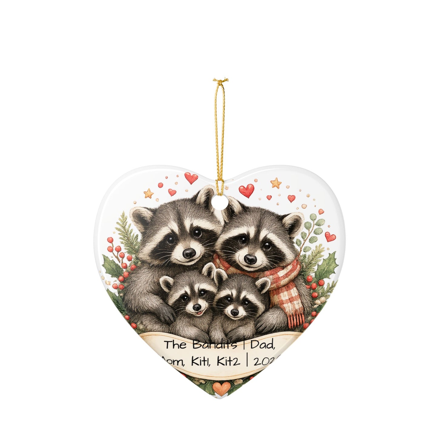 Raccoon Family Christmas Ornament Personalized with Names, Cute Ceramic Keepsake, Woodland Family Gift 2026