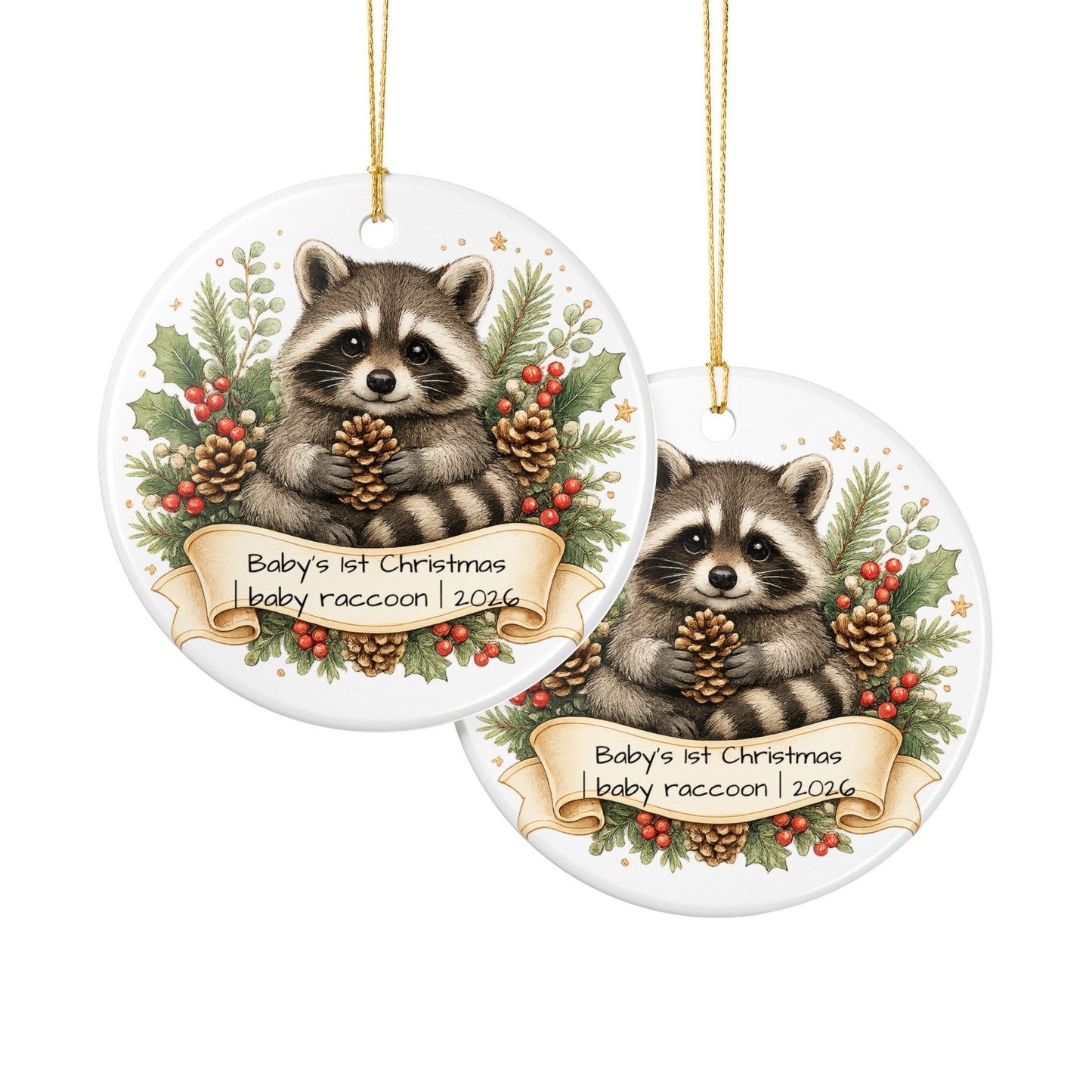 Baby Raccoon Christmas Ornament Personalized with Name, Cute Woodland Ceramic Keepsake, Kids Raccoon Gift 2026