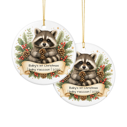 Baby Raccoon Christmas Ornament Personalized with Name, Cute Woodland Ceramic Keepsake, Kids Raccoon Gift 2026