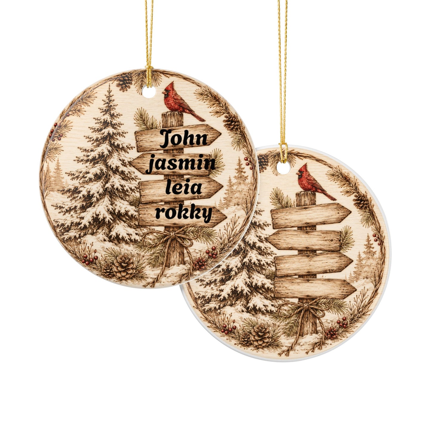 Woodland Cardinal Family Name Ornament, Ceramic Heart Ornament | Personalized Christmas Decor