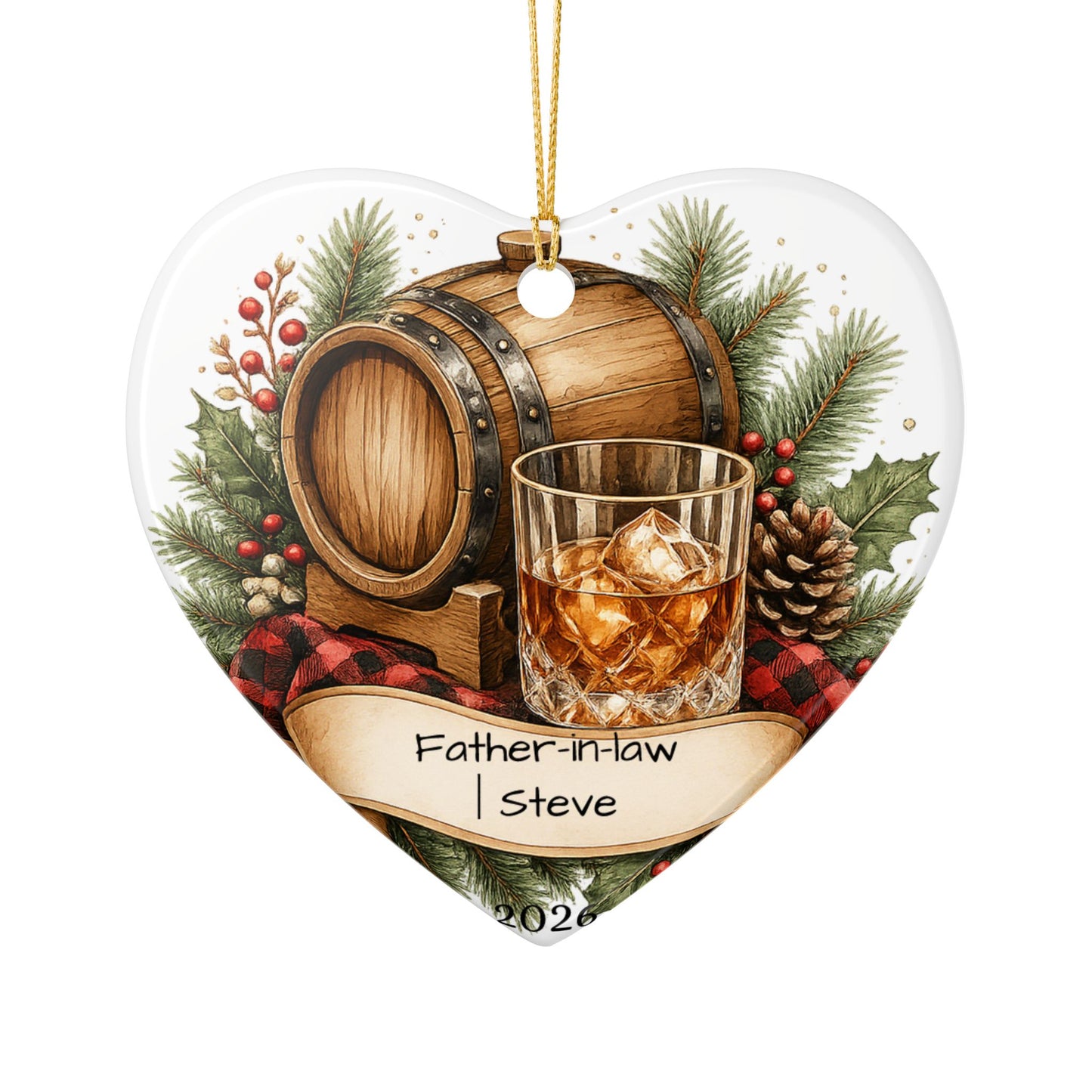 Whiskey Father in Law Ornament Personalized, Rustic Ceramic Keepsake with Name, Bourbon Lover FIL Gift 2026