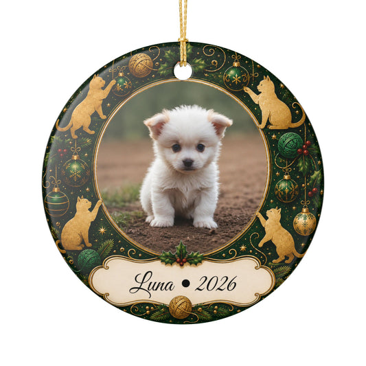 Personalized Puppy Photo Ornament, Ceramic Christmas Ornament | Cat Motif