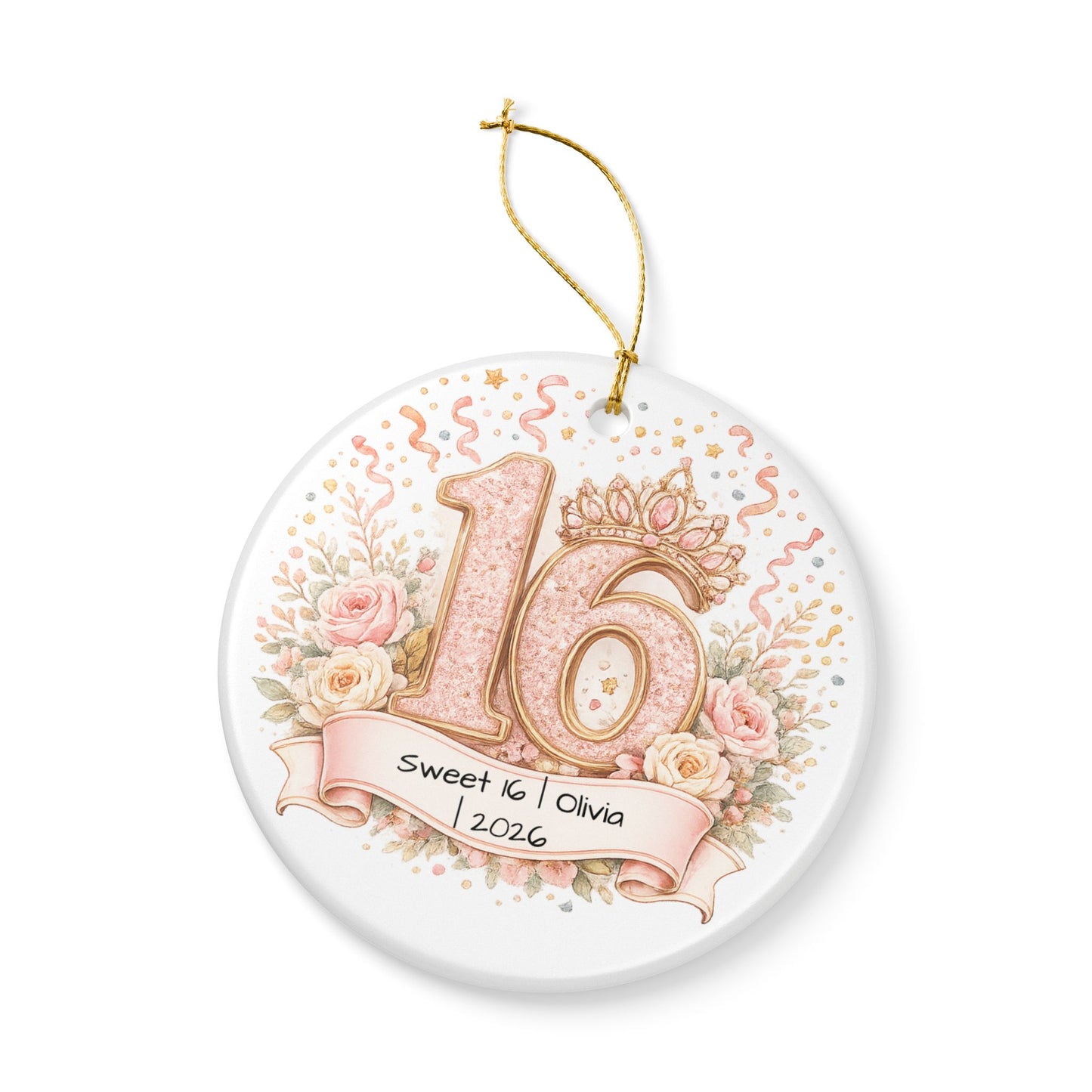 Sweet 16 Christmas Ornament Personalized with Name Year, Ceramic Birthday Keepsake, 16th Birthday Gift for Teen Girl