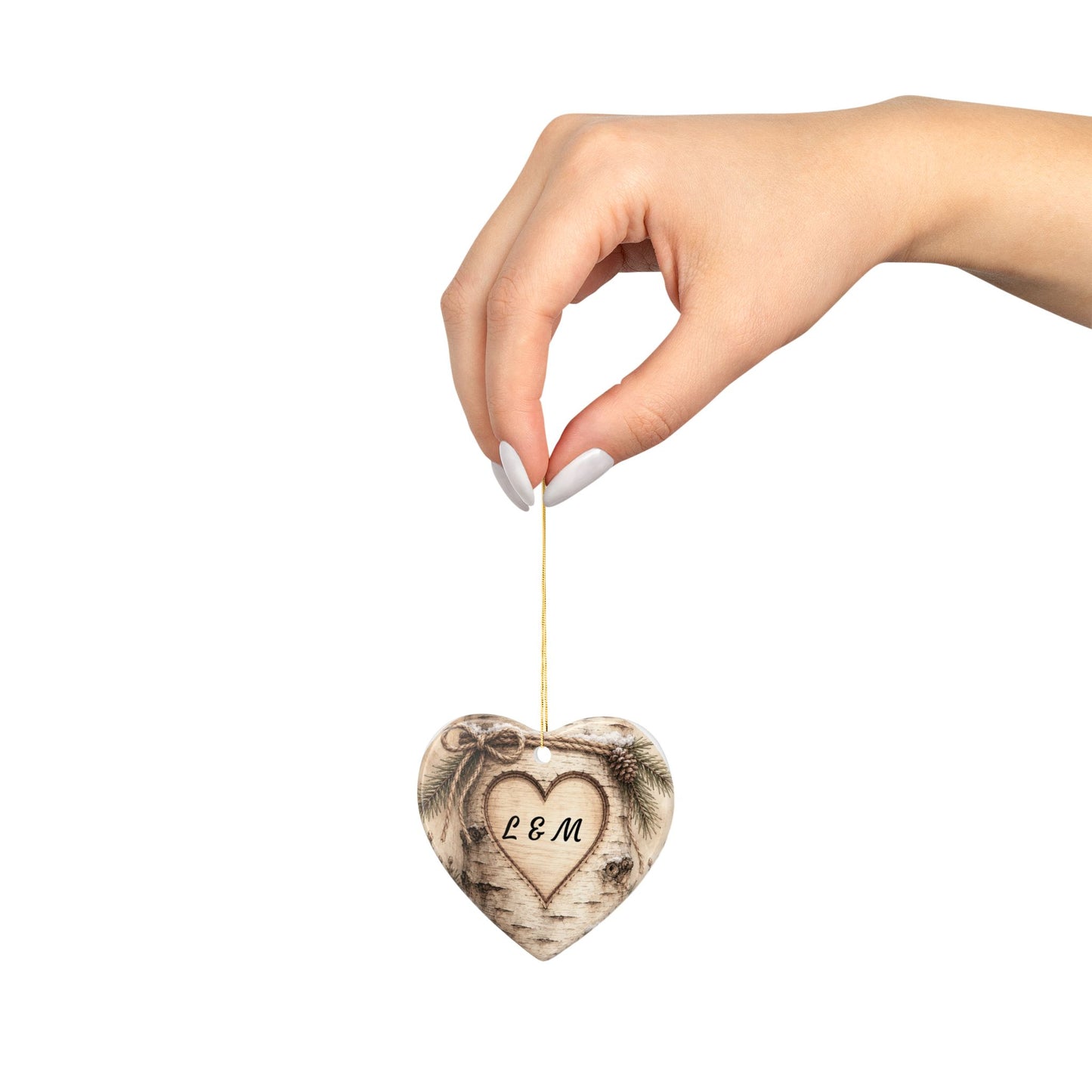 Rustic Carved Heart Initials Ornament | Ceramic Ornament